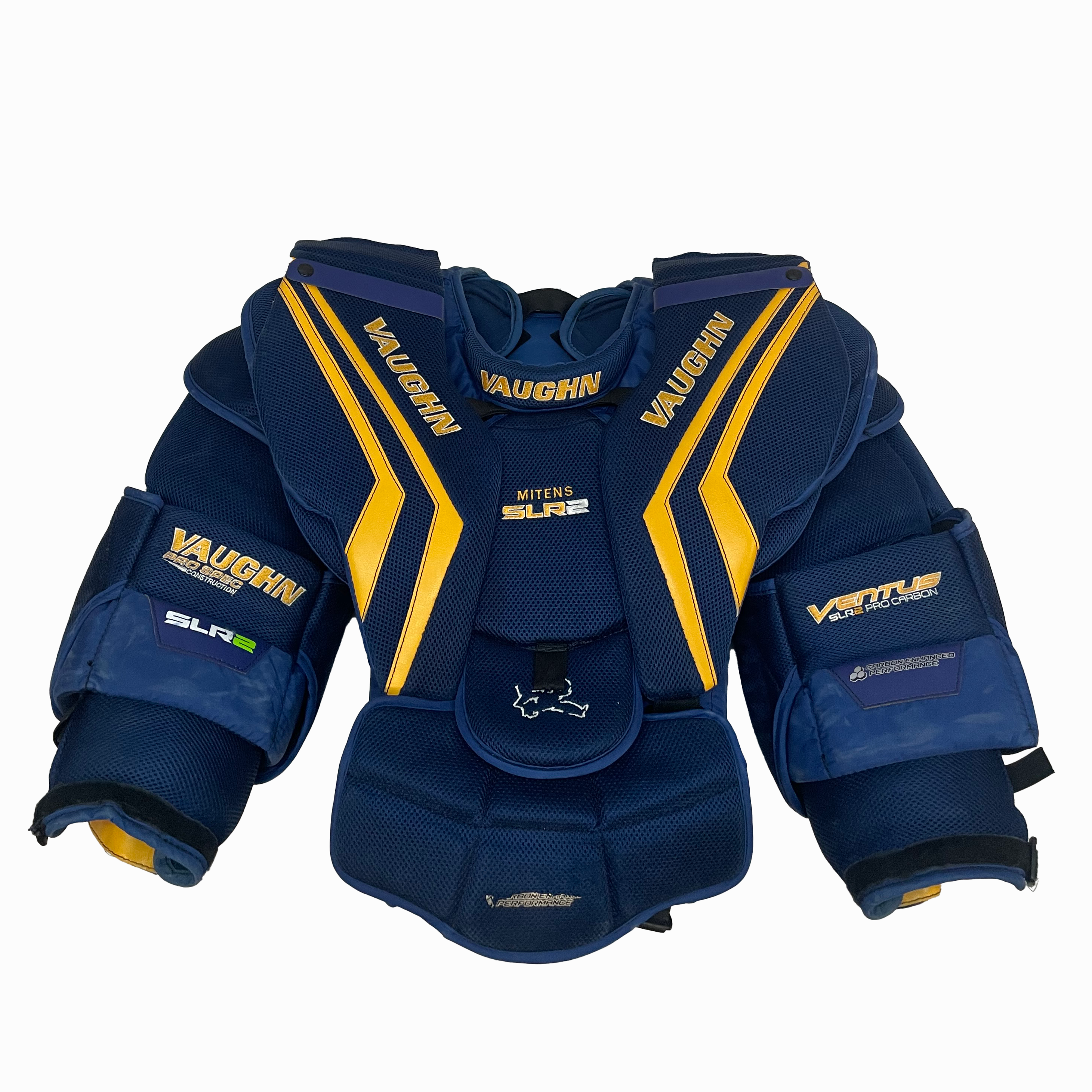 Vaughn Ventus SLR2 Pro Carbon – Plastron de gardien de but Pro Stock d'occasion (bleu/jaune)